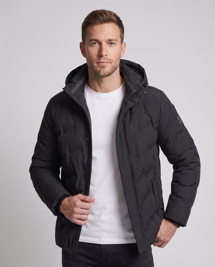 Men Water-repellent Padded Down Jacket with Hood and High-quality Duck Down Filling