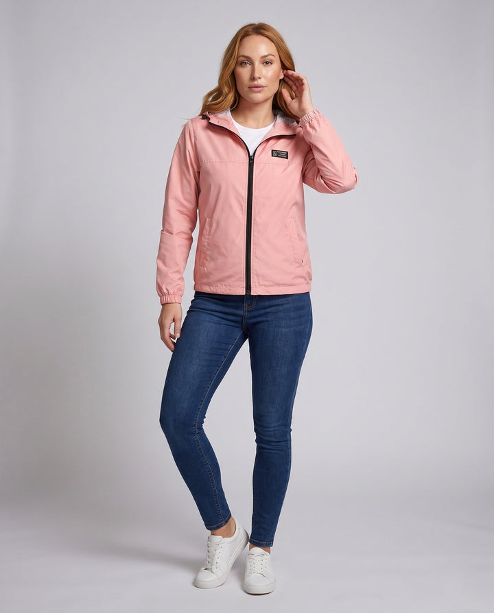 Women's lightweight hooded windbreaker with breathable lining and zipper