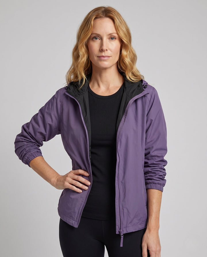 Women's transitional hooded jacket with zipper, elastic hem, and patch pockets