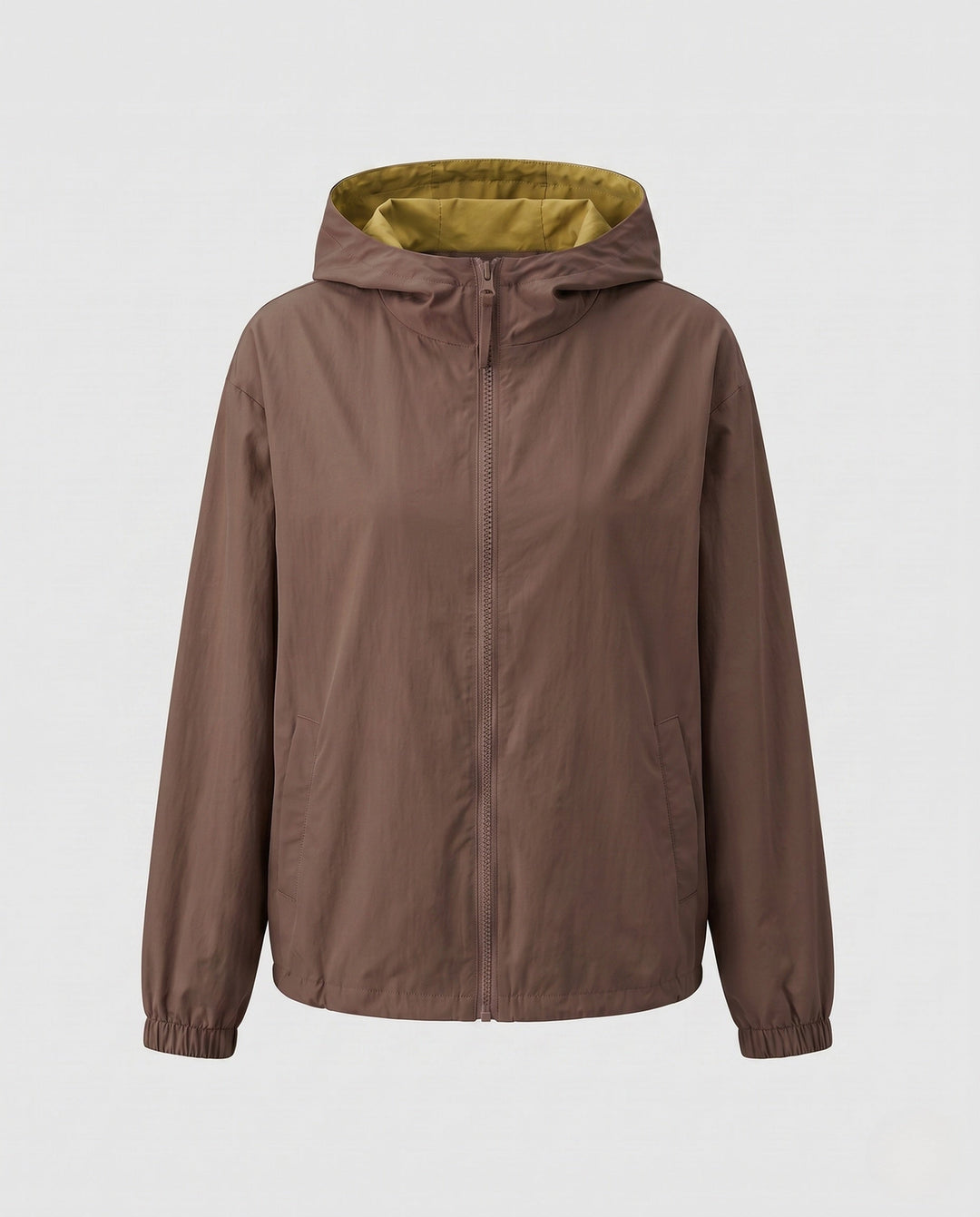 Women's transitional hooded jacket with zipper, elastic hem, and patch pockets