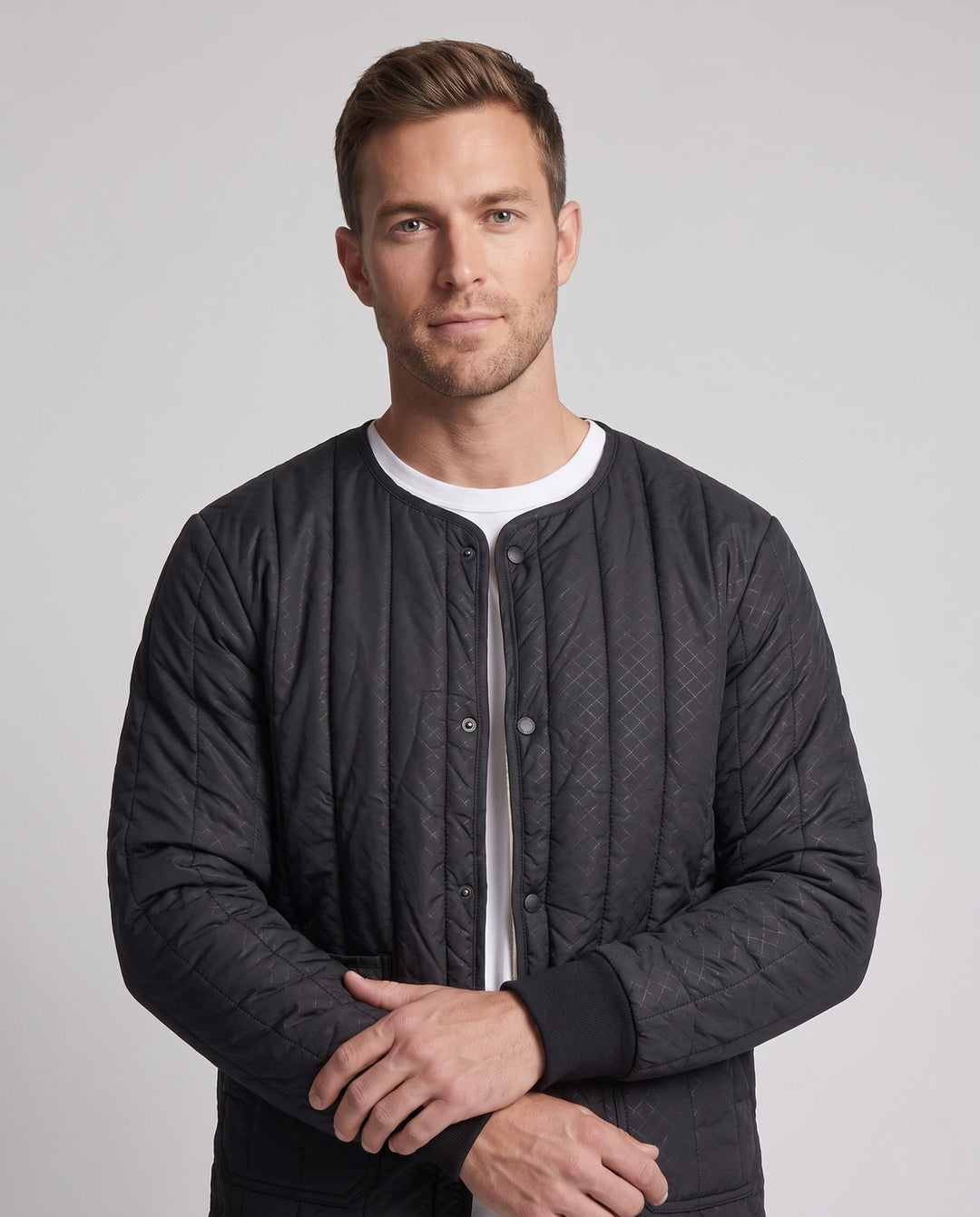Men's Quilted Thermal Jacket with Teddy Lining and Snap Button Closure