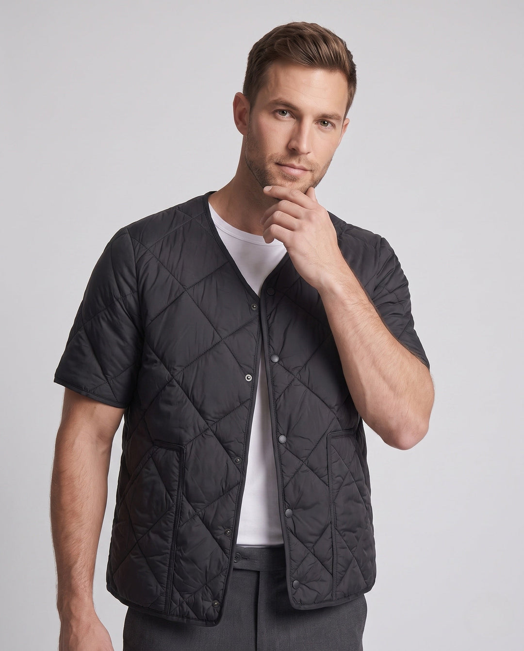 Men's Lightweight Short Sleeve Padded Jacket with Press Studs and Padding