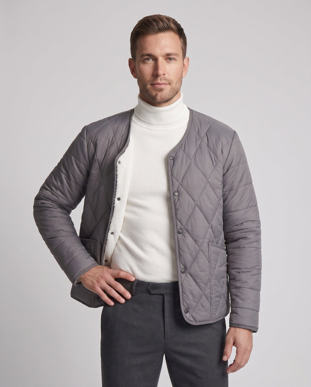 Men's quilted jacket with teddy lining and snap button closure