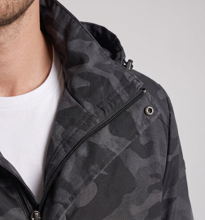 Men's camouflage softshell transition jacket with hood and warming inner lining