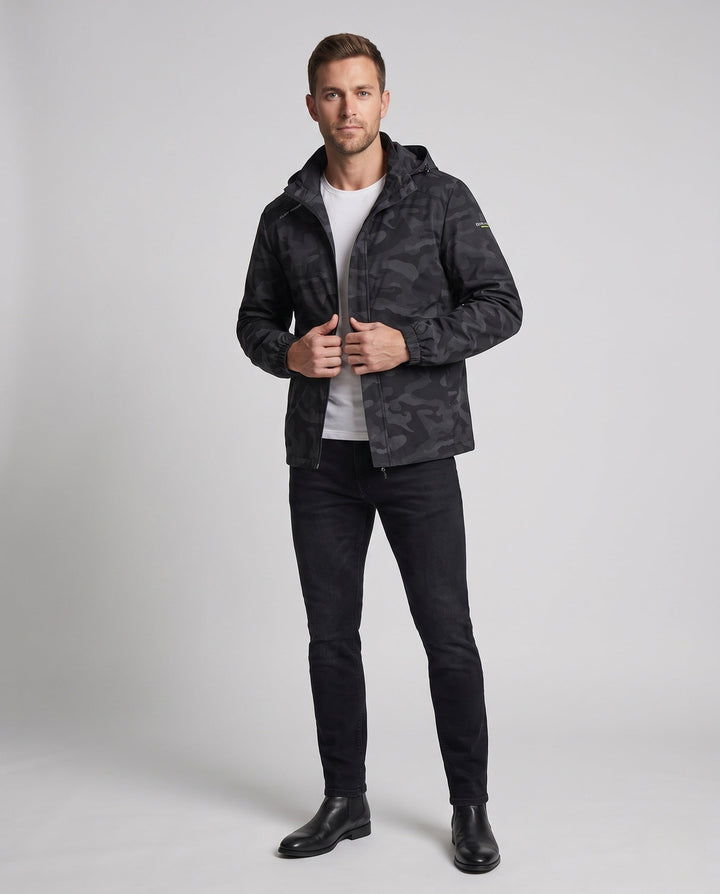 Men's camouflage softshell transition jacket with hood and warming inner lining
