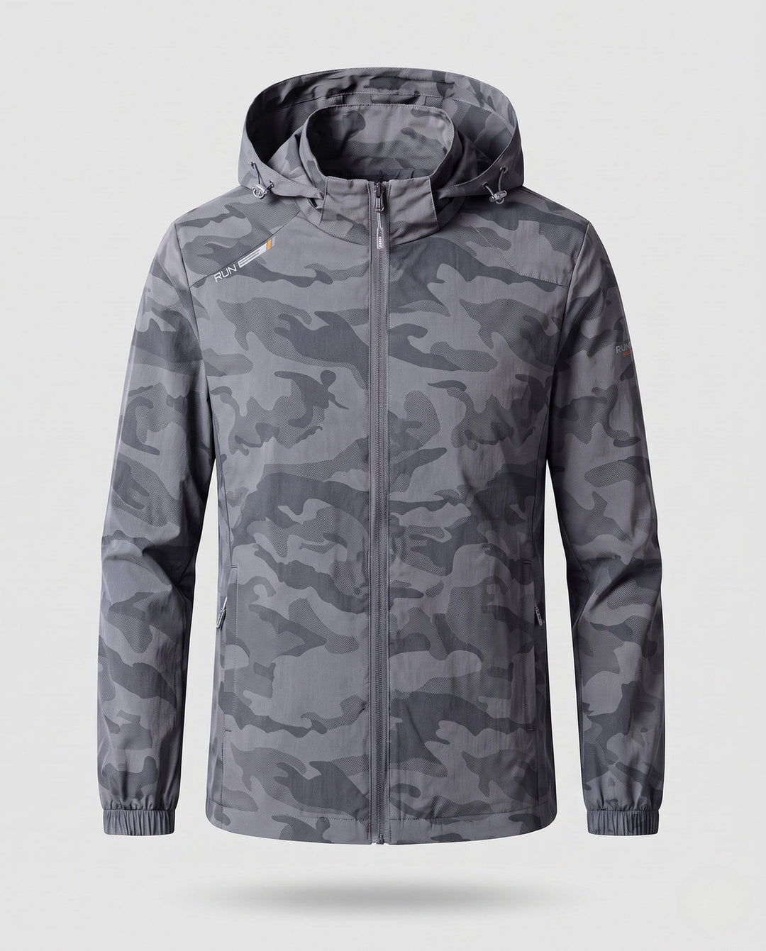 Men's camouflage softshell transition jacket with hood and warming inner lining