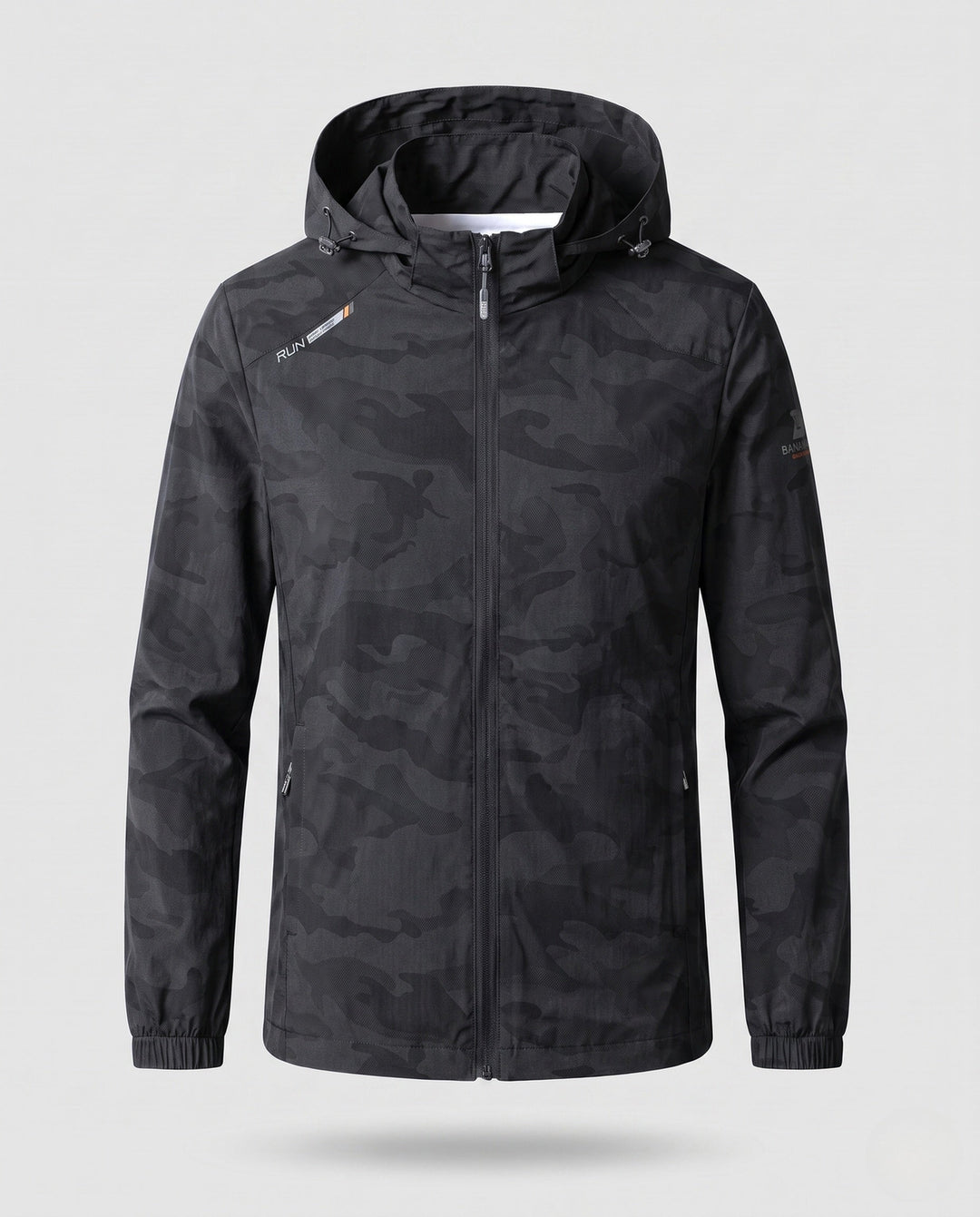 Men's camouflage softshell transition jacket with hood and warming inner lining