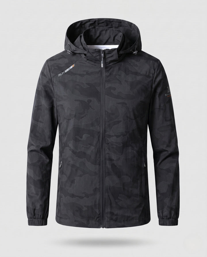 Men's camouflage softshell transition jacket with hood and warming inner lining