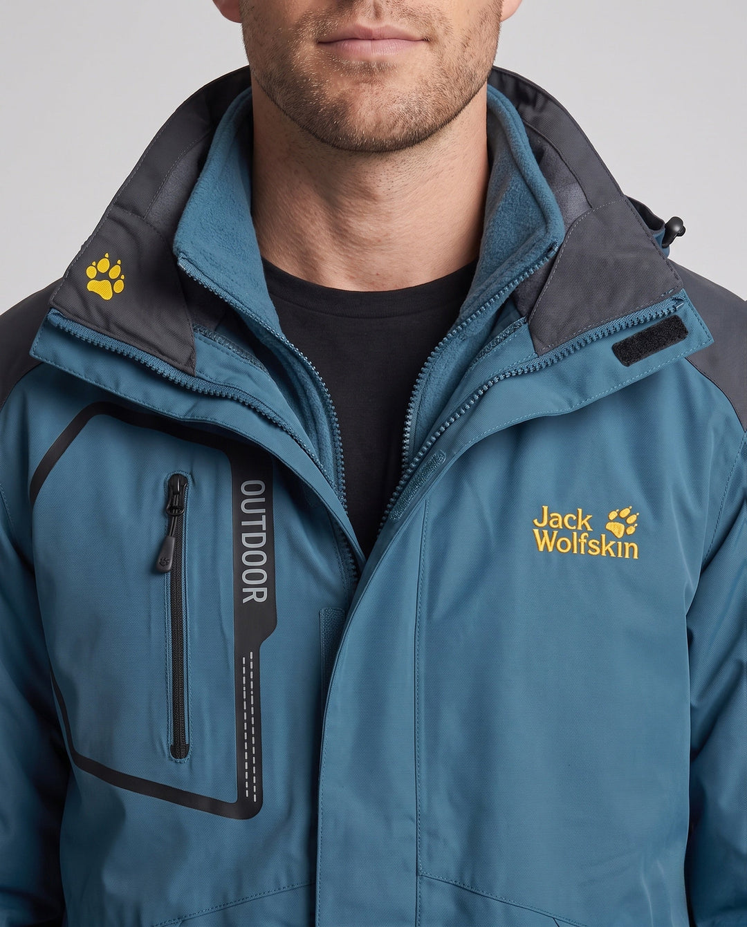 Men's three-in-one softshell fleece trekking jacket with removable hood
