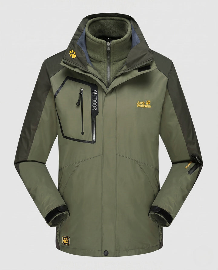 Men's three-in-one softshell fleece trekking jacket with removable hood