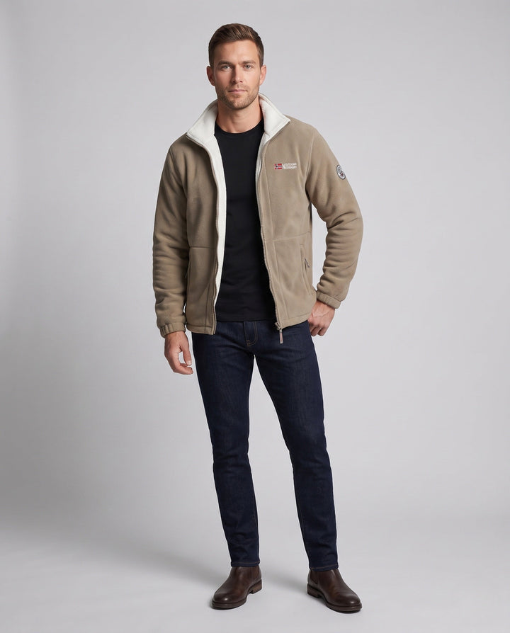 Men's fleece outdoor jacket with thermally insulated inner layer, stand-up collar, and concealed zipper