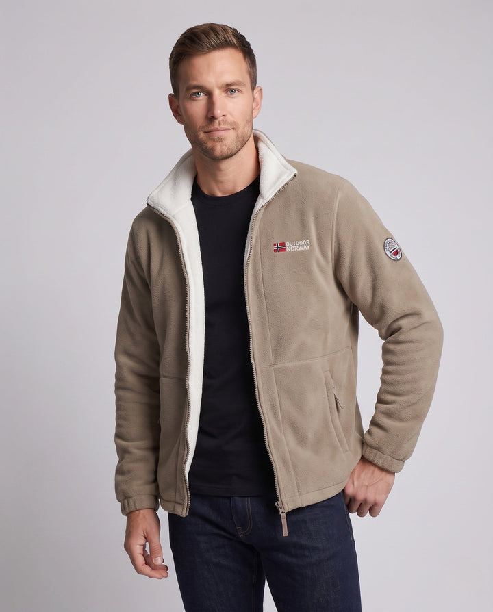 Men's fleece outdoor jacket with thermally insulated inner layer, stand-up collar, and concealed zipper