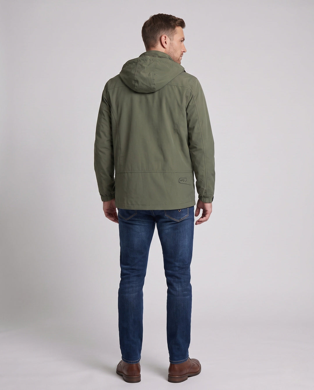 Men's casual field jacket with hood, windproof material and concealed zipper