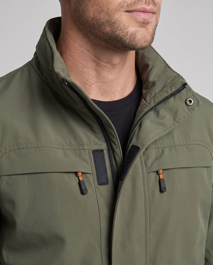 Men's casual field jacket with hood, windproof material and concealed zipper