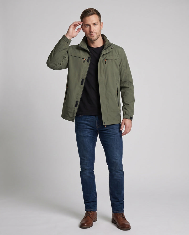Men's casual field jacket with hood, windproof material and concealed zipper