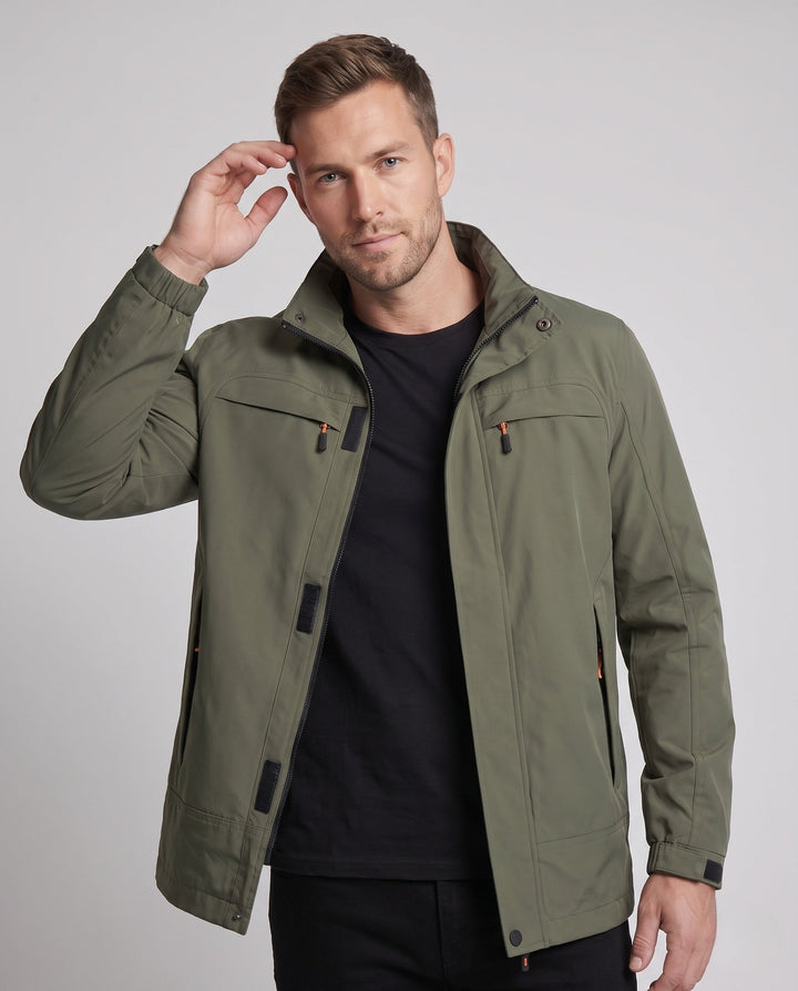 Men's casual field jacket with hood, windproof material and concealed zipper