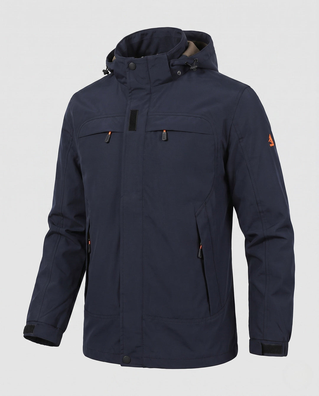 Men's casual field jacket with hood, windproof material and concealed zipper