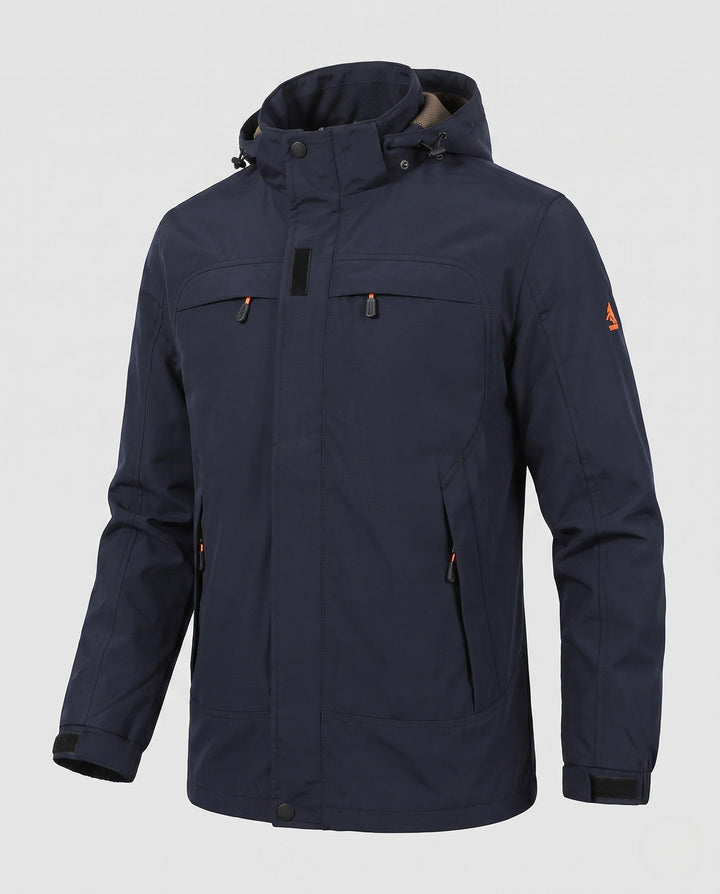 Men's casual field jacket with hood, windproof material and concealed zipper