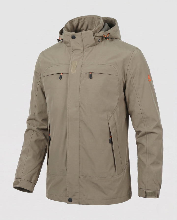 Men's casual field jacket with hood, windproof material and concealed zipper