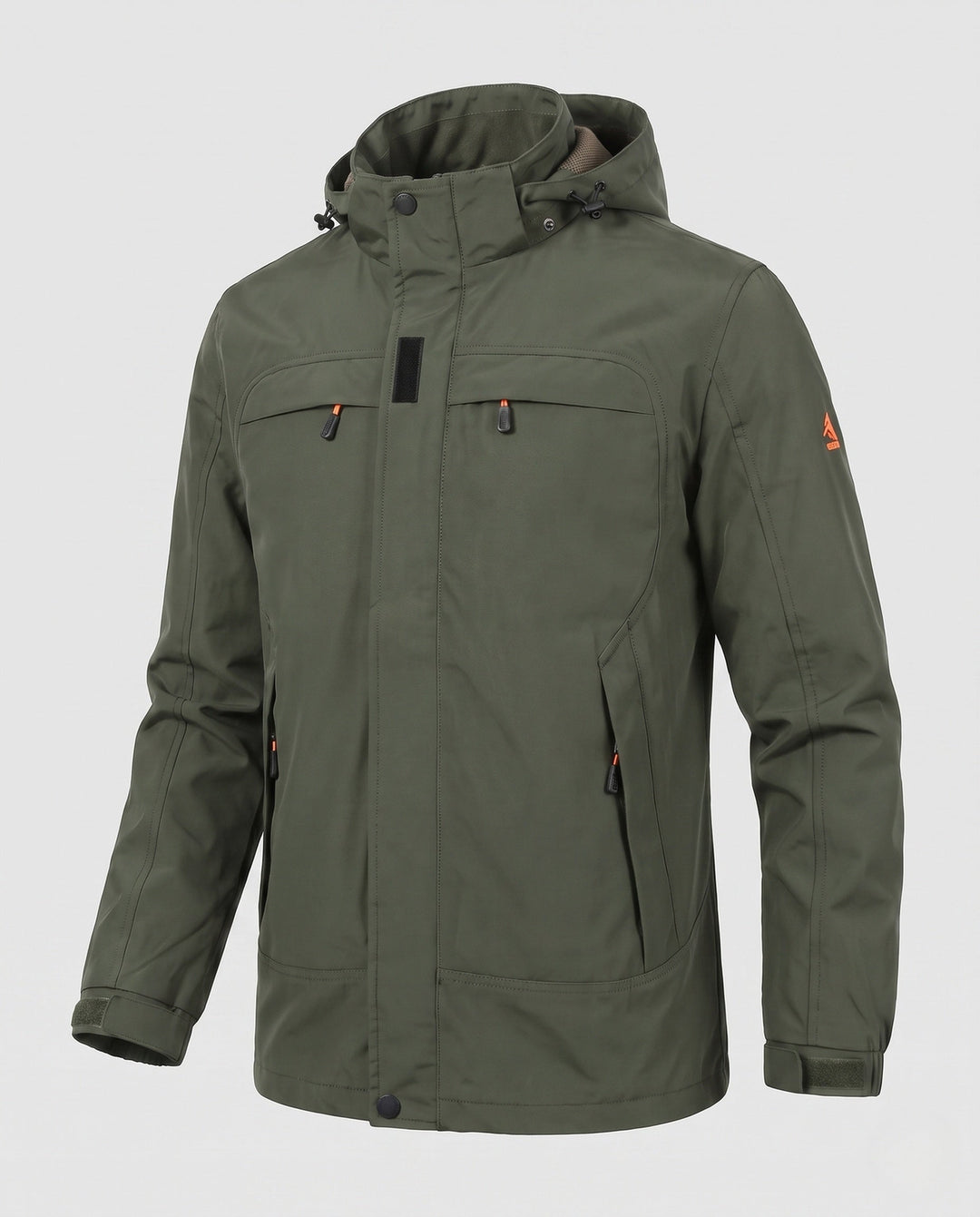 Men's casual field jacket with hood, windproof material and concealed zipper