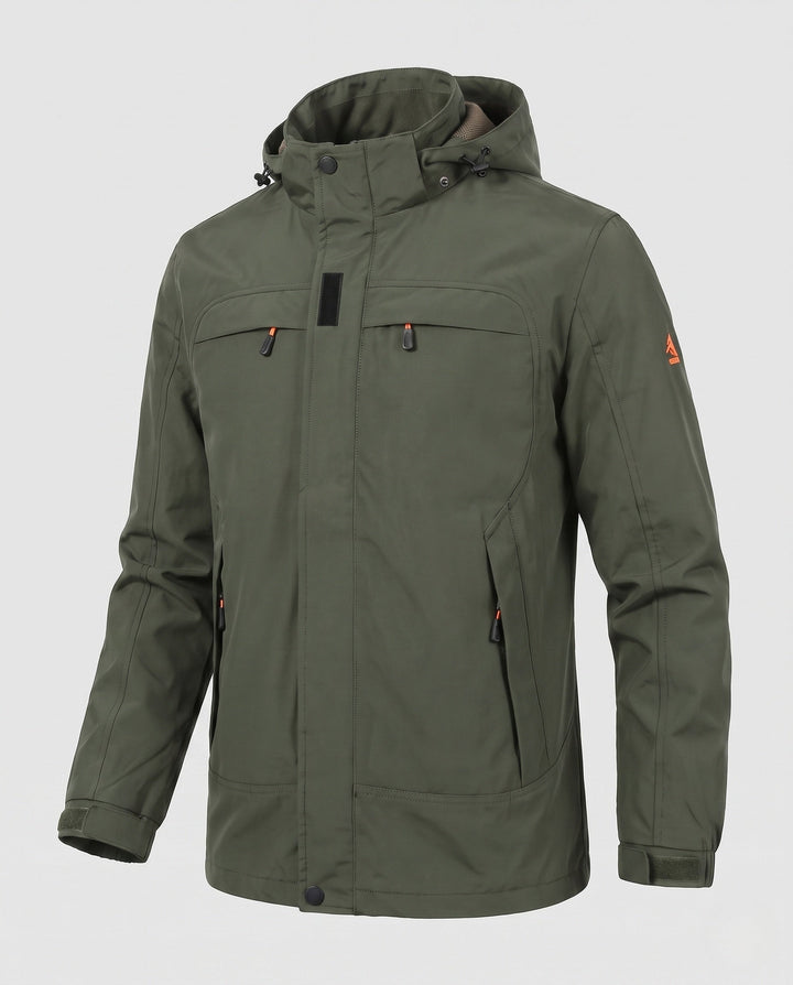 Men's casual field jacket with hood, windproof material and concealed zipper