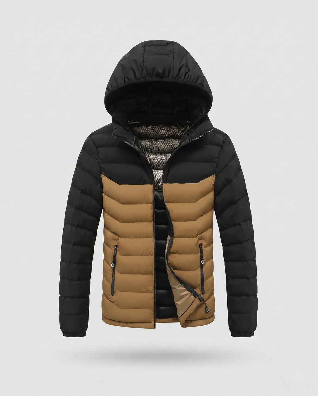 Men's lightly padded quilted jacket with hood and thermo-reflective inner lining