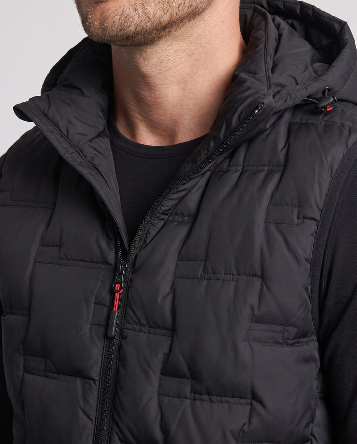 Men's lightweight quilted hooded thermal vest with windproof membrane and elastic hem