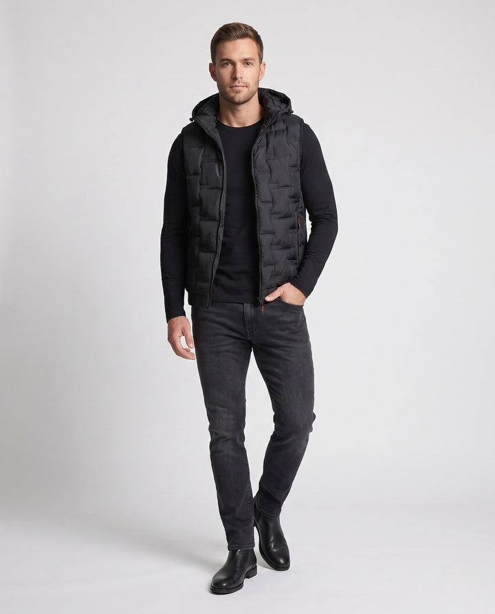 Men's lightweight quilted hooded thermal vest with windproof membrane and elastic hem