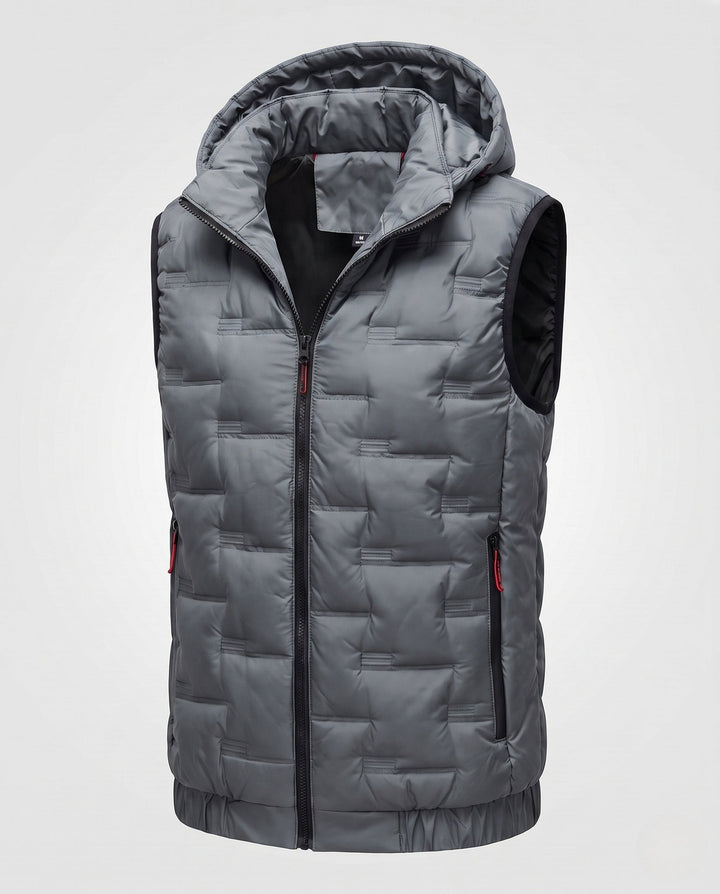 Men's lightweight quilted hooded thermal vest with windproof membrane and elastic hem