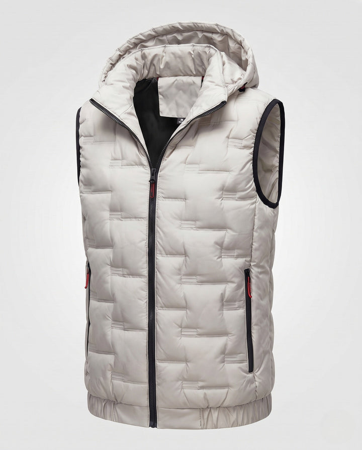 Men's lightweight quilted hooded thermal vest with windproof membrane and elastic hem
