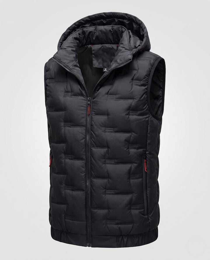 Men's lightweight quilted hooded thermal vest with windproof membrane and elastic hem