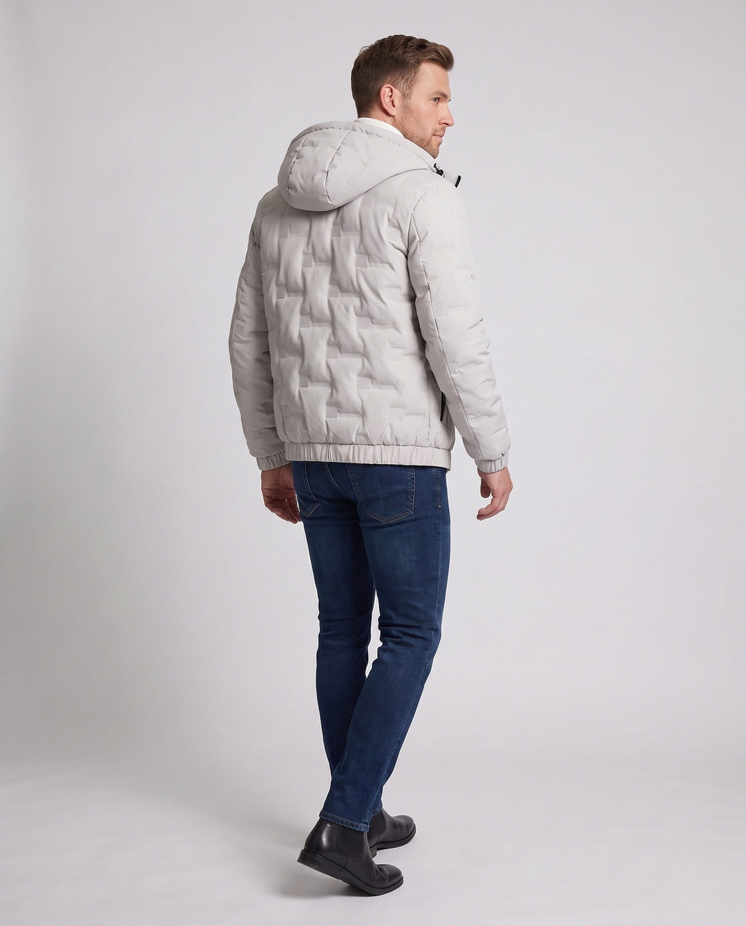 Men's Lightweight Quilted Thermal Hooded Jacket with Minimalist Block Stitching and Elastic Hem