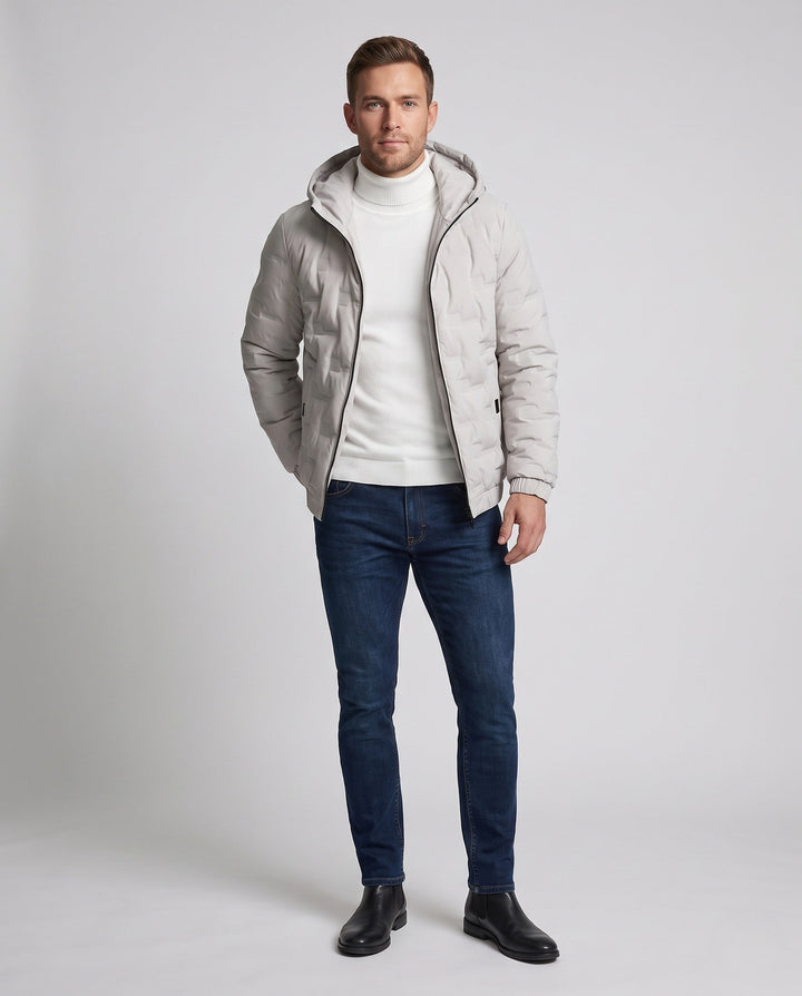 Men's Lightweight Quilted Thermal Hooded Jacket with Minimalist Block Stitching and Elastic Hem