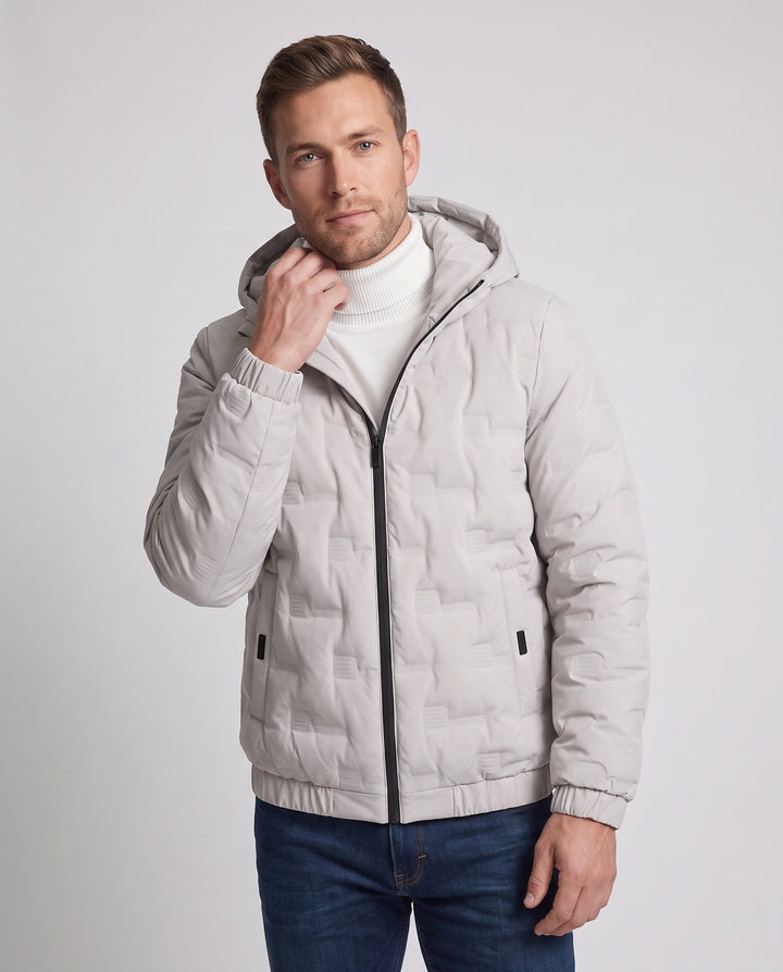 Men's Lightweight Quilted Thermal Hooded Jacket with Minimalist Block Stitching and Elastic Hem