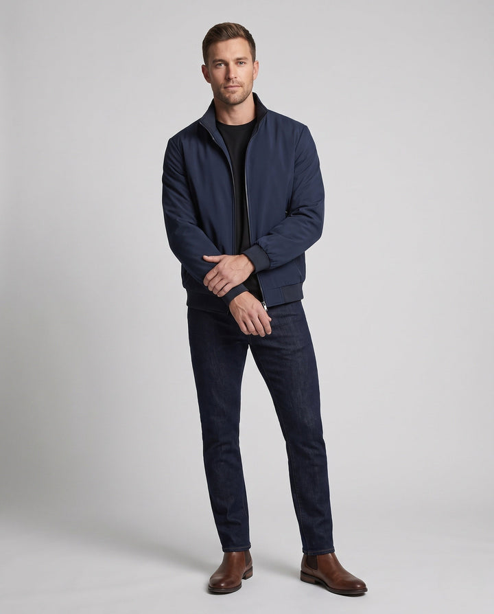 Men's lightweight quilted windbreaker jacket with stand-up collar and zippered pockets
