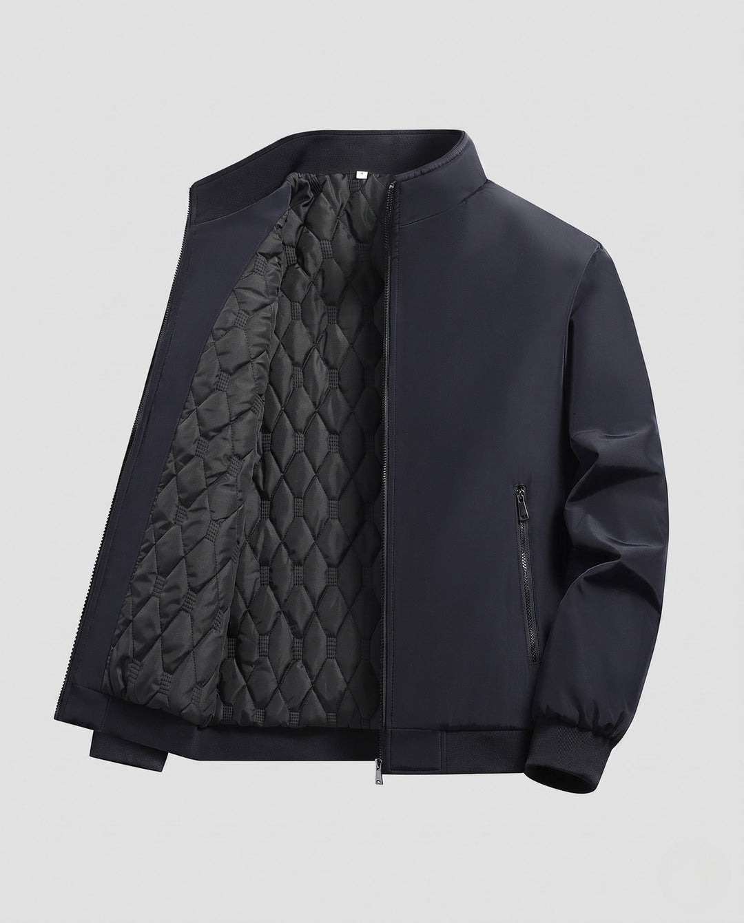 Men's lightweight quilted windbreaker jacket with stand-up collar and zippered pockets