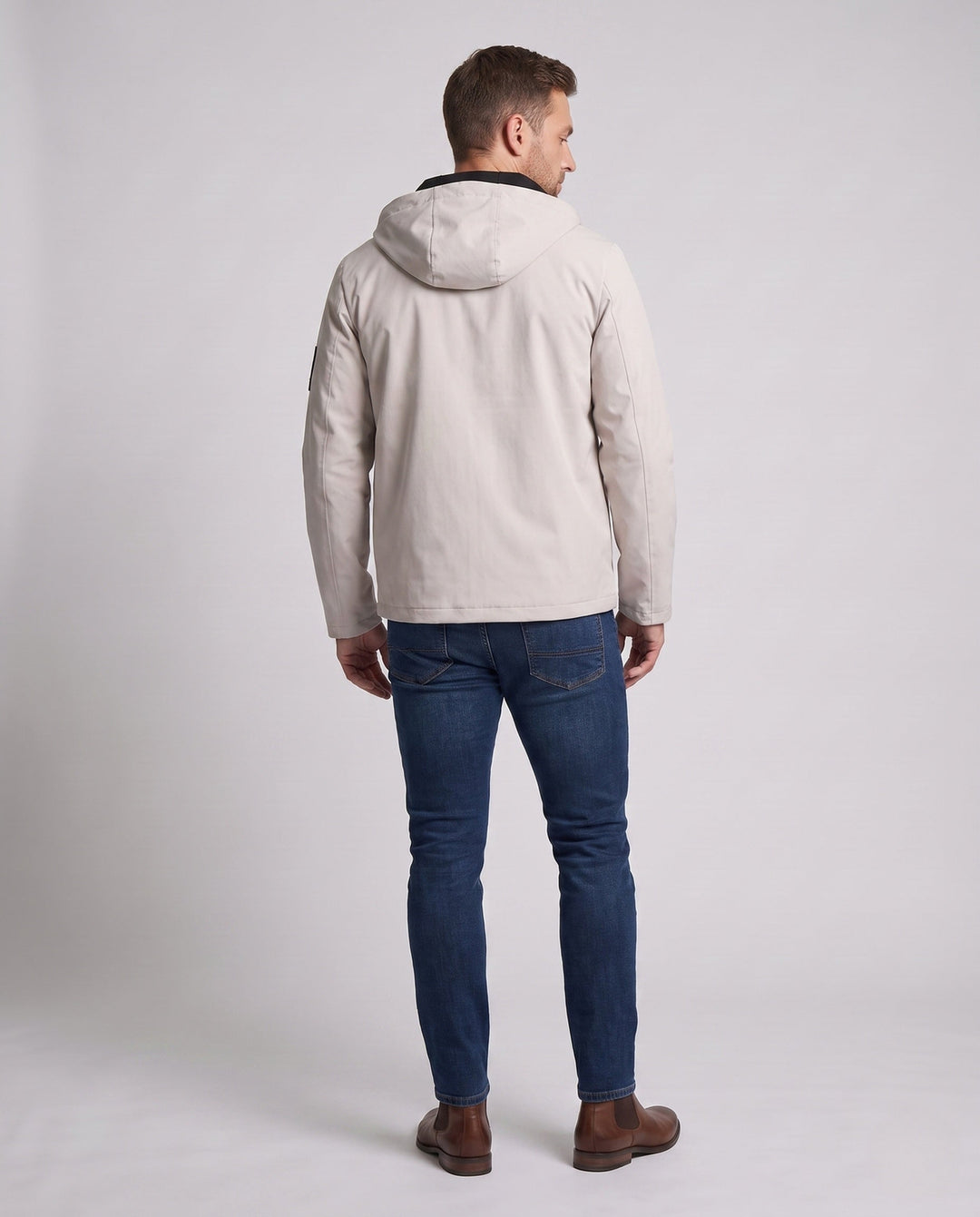 Men's modern lightweight softshell hybrid hoodie jacket with adjustable hood and waterproof zip pockets