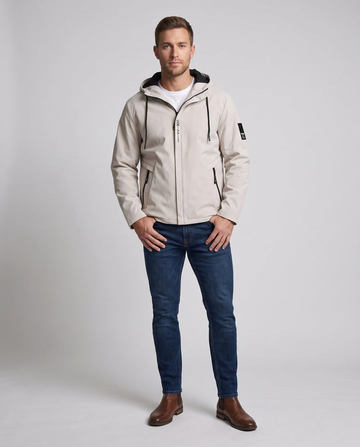 Men's modern lightweight softshell hybrid hoodie jacket with adjustable hood and waterproof zip pockets