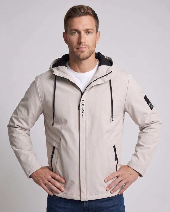 Men's modern lightweight softshell hybrid hoodie jacket with adjustable hood and waterproof zip pockets