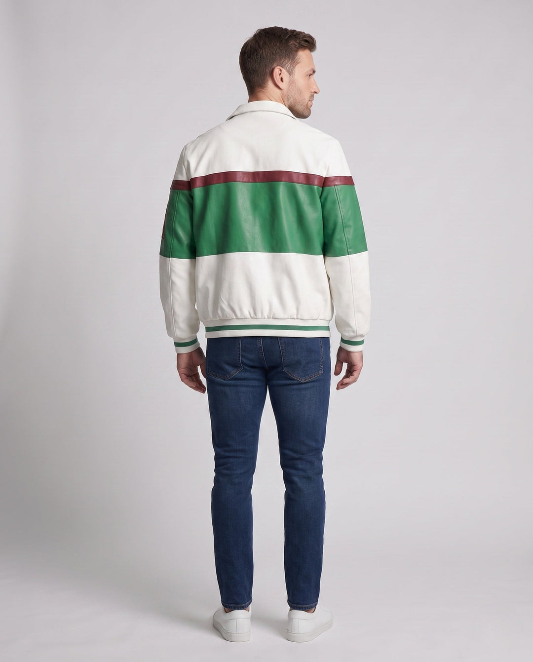 Men's Retro Colorblock Faux Leather Track Jacket with Stand Collar and Ribbed Cuffs