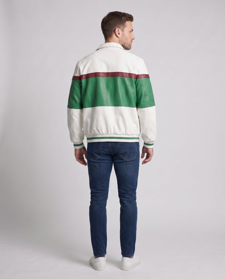 Men's Retro Colorblock Faux Leather Track Jacket with Stand Collar and Ribbed Cuffs