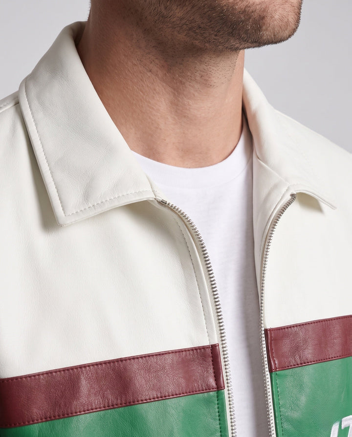 Men's Retro Colorblock Faux Leather Track Jacket with Stand Collar and Ribbed Cuffs