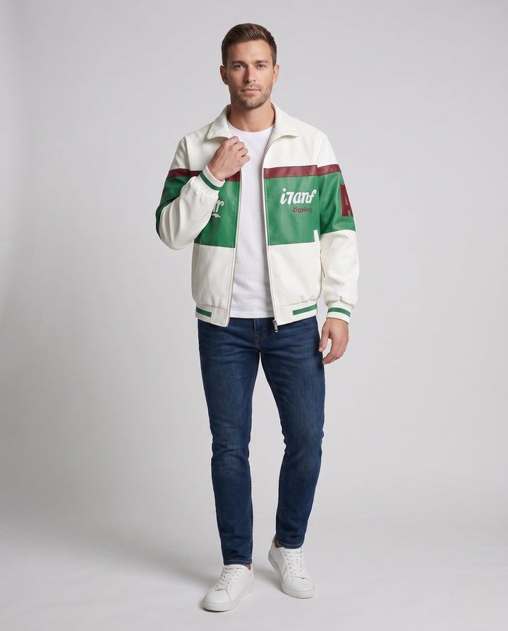Men's Retro Colorblock Faux Leather Track Jacket with Stand Collar and Ribbed Cuffs