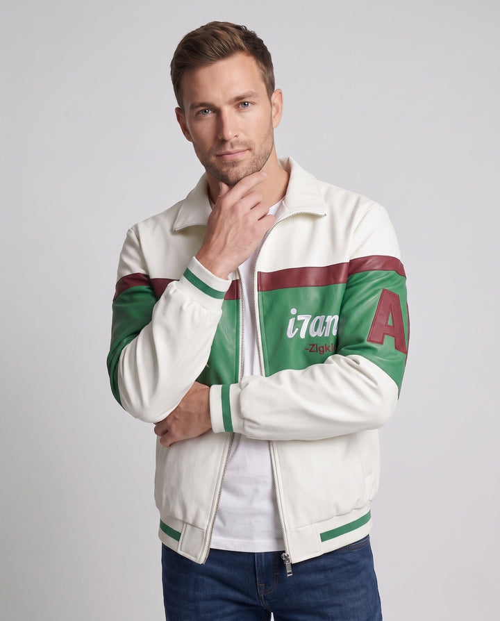 Men's Retro Colorblock Faux Leather Track Jacket with Stand Collar and Ribbed Cuffs
