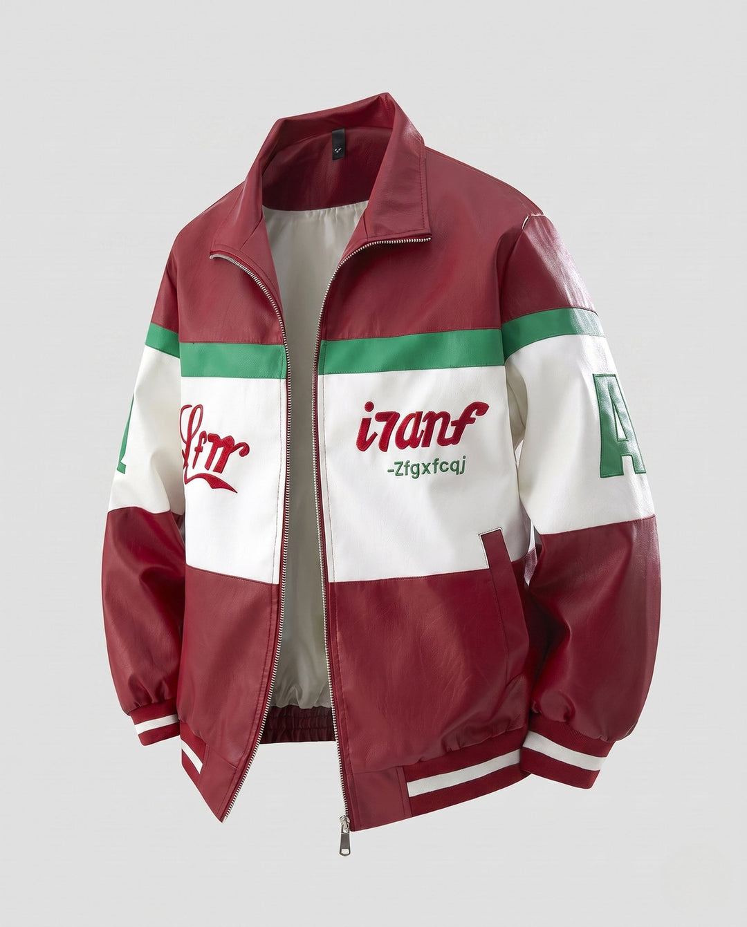 Men's Retro Colorblock Faux Leather Track Jacket with Stand Collar and Ribbed Cuffs