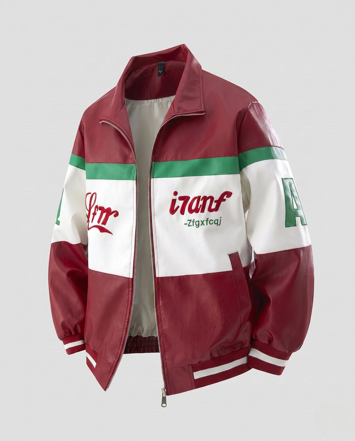 Men's Retro Colorblock Faux Leather Track Jacket with Stand Collar and Ribbed Cuffs