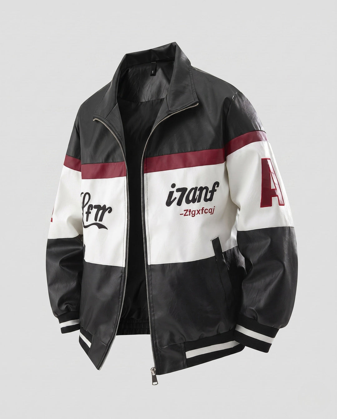 Men's Retro Colorblock Faux Leather Track Jacket with Stand Collar and Ribbed Cuffs