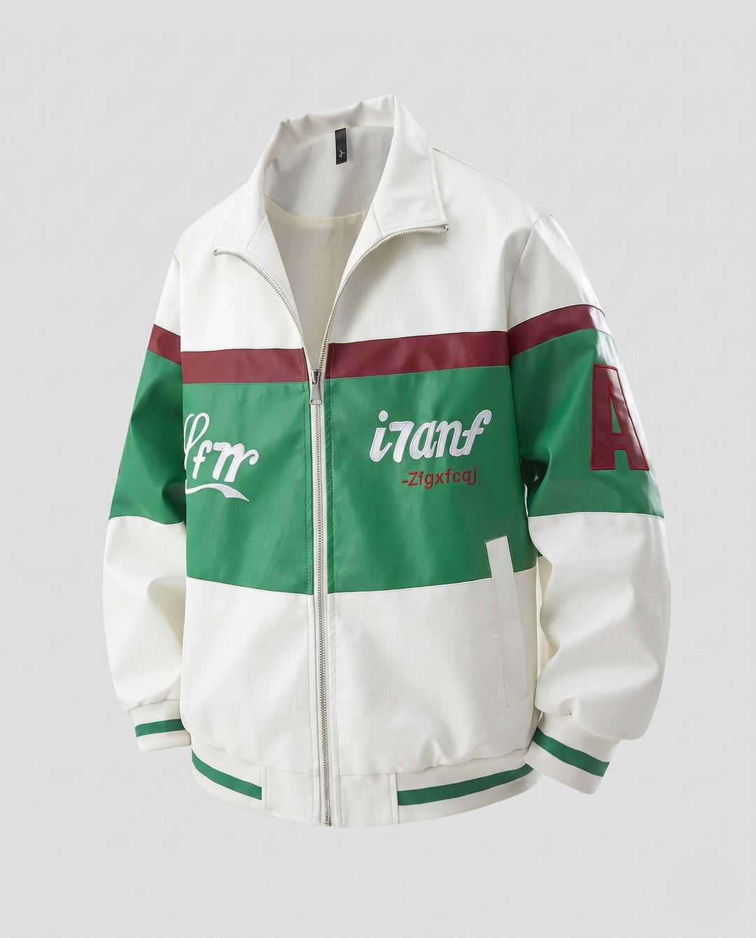 Men's Retro Colorblock Faux Leather Track Jacket with Stand Collar and Ribbed Cuffs