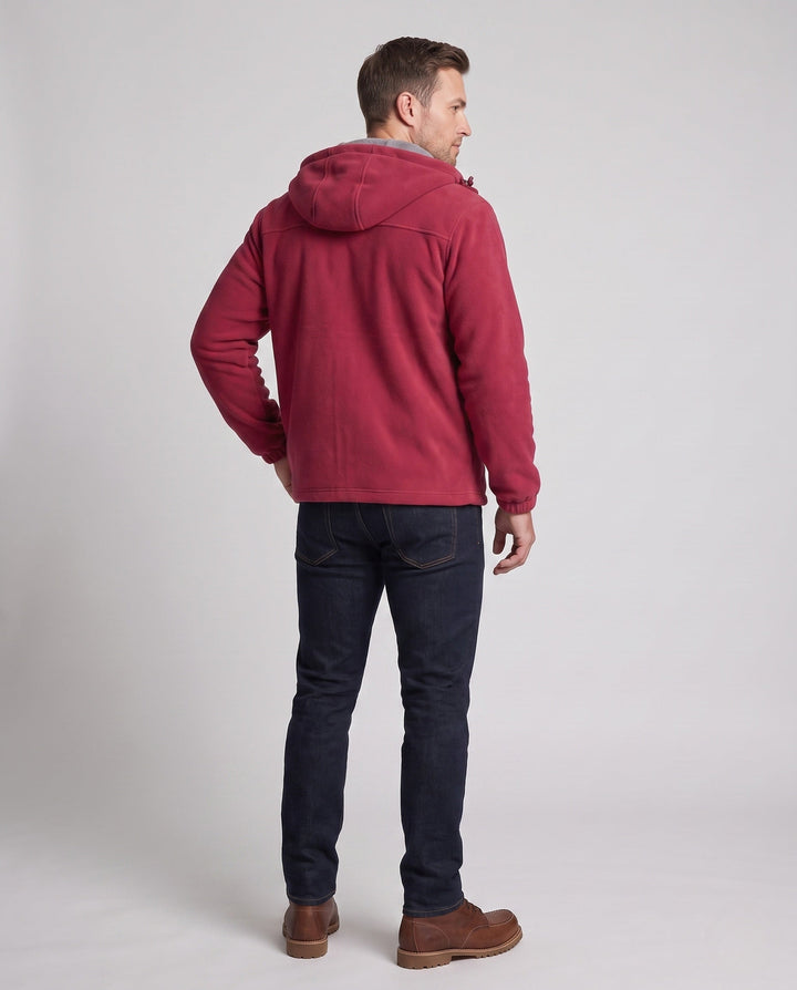Men's thermo fleece jacket with double-layer Sherpa lining, hood, and wind-resistant surface