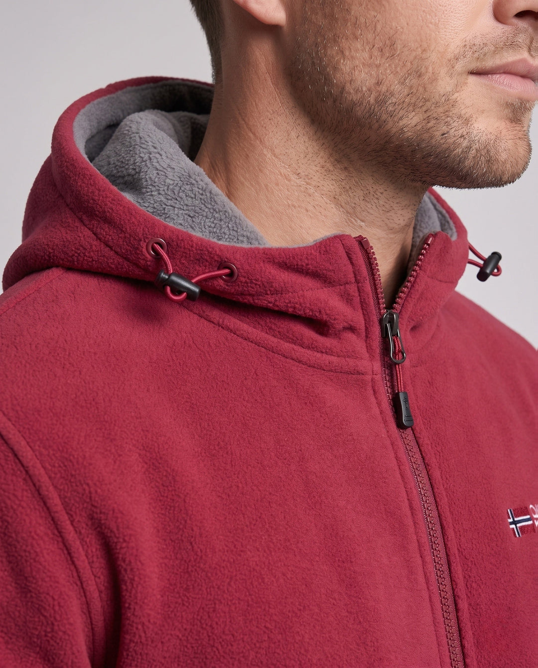 Men's thermo fleece jacket with double-layer Sherpa lining, hood, and wind-resistant surface